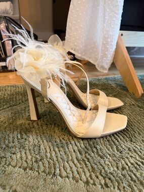 Sam Edelman Ivory Satin Feather Floral High Heel Sandals